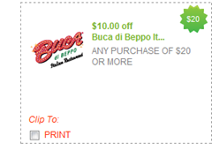 Buca di Beppo $10 off coupon